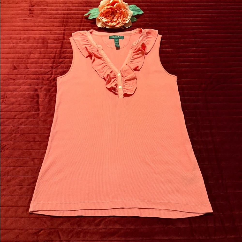 Ralph Lauren Sleeveless Ruffle Front Blouse Peach/Coral Size Small